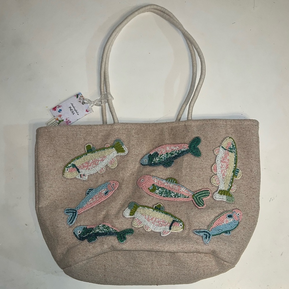 NWT Beaded Fish Canvas Tote Bag